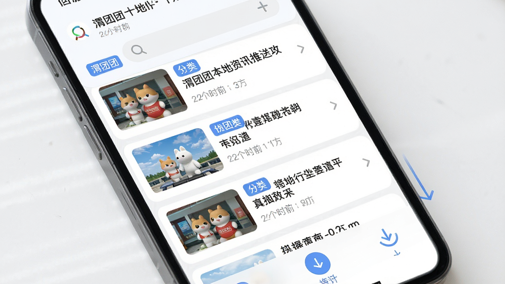 渭团团本地资讯推送功能展示图,主体为手机屏幕特写,屏幕上显示资讯列表瀑布流布局,每条资讯配有缩略图、标题和发布时间,布局为纵向排列,风格为清新浅色系UI设计,细节包括蓝色标签分类、圆角搜索框、下拉刷新动效,画质高清干净无多余元素
