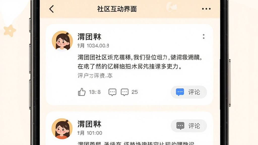渭团团社区互动界面截图,主体为手机屏幕显示帖子信息流,包含用户头像、昵称、帖子内容、点赞评论按钮,布局为纵向卡片列表,风格为温暖社交风设计,细节包括圆形头像、蓝色点赞高亮、评论气泡图标,画质高清干净无多余元素