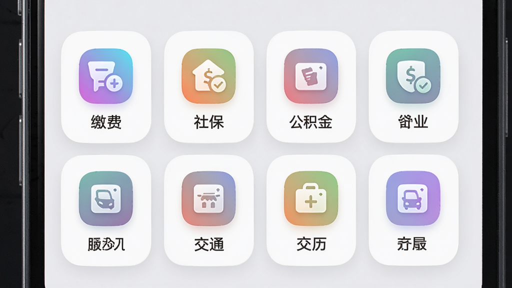 渭团团便民服务功能界面展示,主体为手机屏幕显示服务图标网格,包含缴费、社保、公积金、交通等图标,布局为四列网格排列,风格为柔和圆角卡片设计,细节包括彩色渐变图标、简洁文字标签、浅灰背景底色,画质高清干净无多余元素