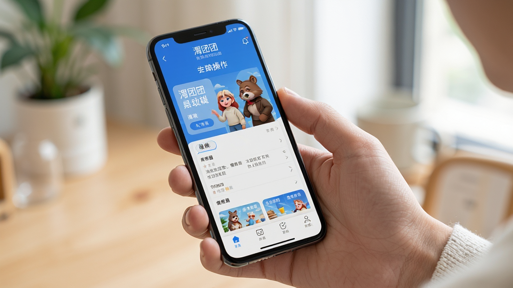 渭团团移动端操作界面展示,主体为手持手机展示应用首页,布局为人物手持手机特写构图,风格为生活化场景摄影风格,细节包括清晰的屏幕显示、自然的握持手势、明亮的室内光线,画质高清干净无多余元素