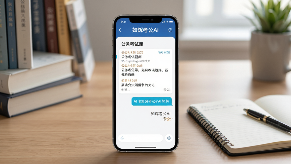 如辉考公AI软件主界面全貌展示,画面中央是手机屏幕,屏幕内显示公务员考试题库与AI对话界面,背景是书桌场景,桌上摆放着书籍和笔记本,布局为中心构图,排版整齐,风格为写实科技风,细节包括屏幕内清晰显示如辉考公AI字样和考公题目,画质高清,干净,无多余元素