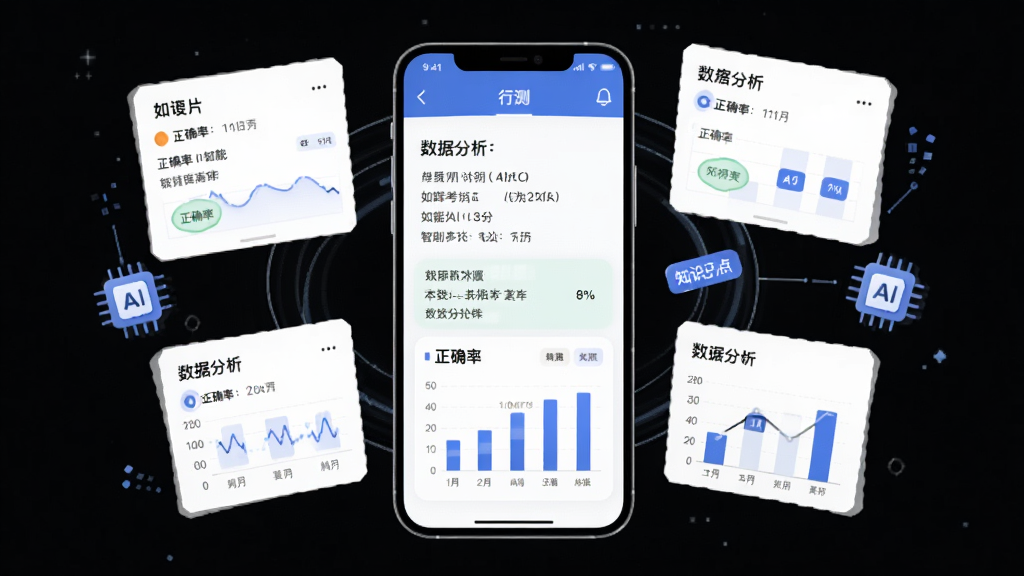 如辉考公AI智能题库推送功能展示,画面主体是一部智能手机,屏幕中显示行测题目和数据分析图表,布局为手机居中,周围环绕着漂浮的题目卡片和AI芯片图标,排版具有科技感,风格为扁平化插画风,细节包括图表上标注正确率和知识点标签,画质高清,干净,无多余元素