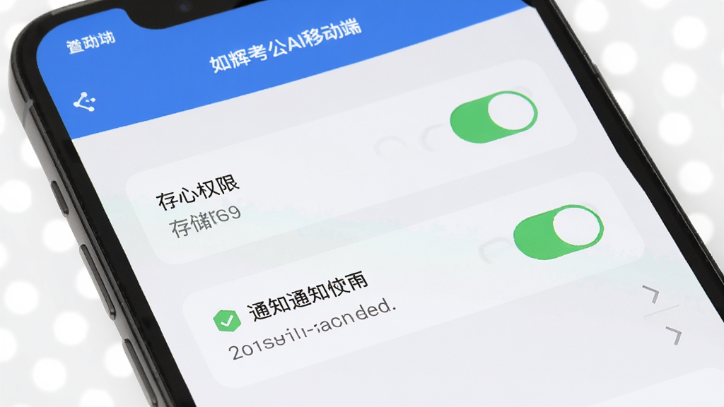 如辉考公AI移动端安装权限设置示意图,画面展示手机屏幕中设置菜单和权限开关,布局为手机界面特写,排版清晰,风格为扁平化图标风,细节包括存储权限和通知权限的开关状态,画质高清,干净,无多余元素