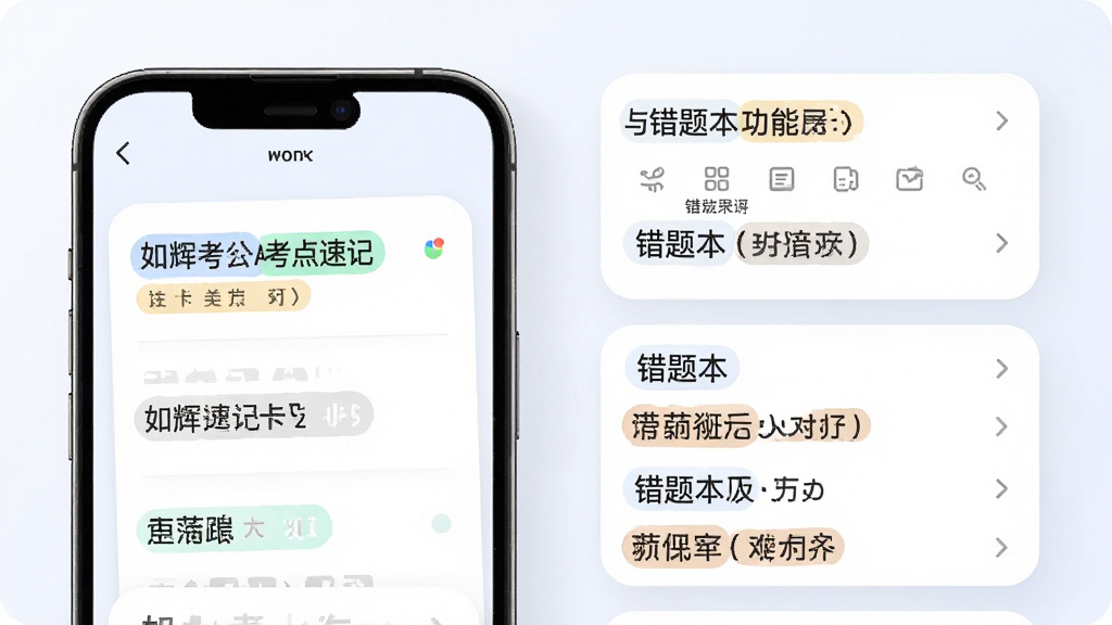 如辉考公AI考点速记卡片与错题本功能展示,画面主体是手机屏幕中显示知识卡片和错题列表,布局为上下结构,排版整齐,风格为柔和圆角风,细节包括卡片上的关键词高亮和错题标签,画质高清,干净,无多余元素