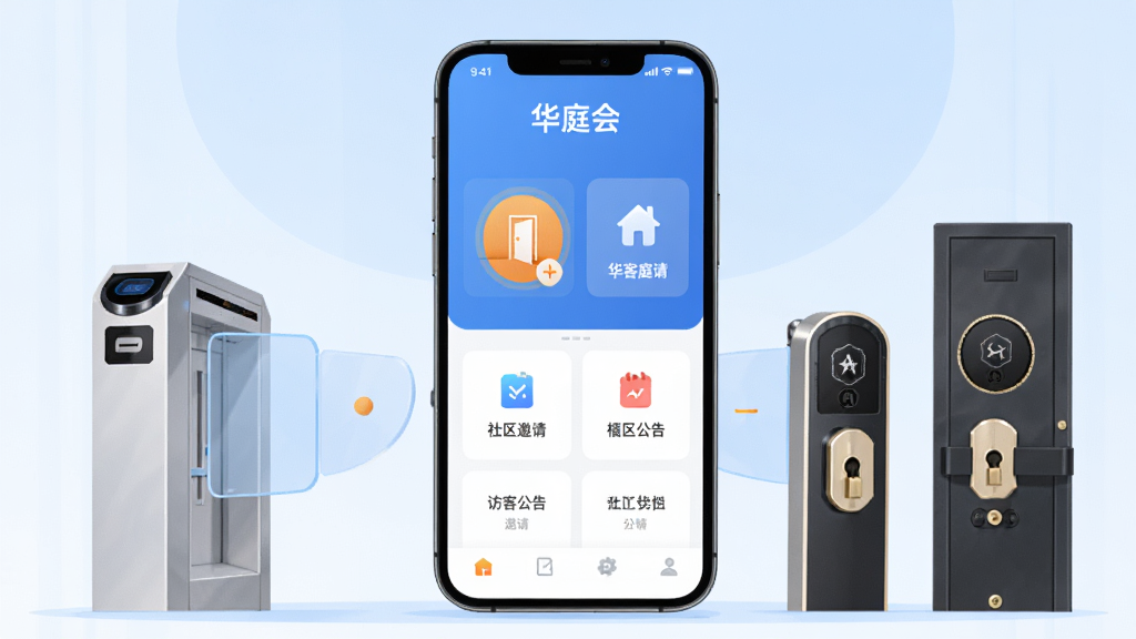��ͥ��App������չʾ������������һ�������ֻ�����Ļ����ʾ��ͥ��Ӧ����ҳ���������Ű�ť���ÿ����롢��������ȹ���ģ�飬�ֻ���Χ������С���Ž�բ������Ԫ�ź�����������Ԫ�أ����ֲ��þ��жԳ�ʽ��ͼ�����Ϊ�ִ��Ƽ��б�ƽ�廭��ϸ�����ֻ���Ļ�������ġ���ͥ�ᡱ���ֱ�ʶ������Ϊ����ɫ���䣬����ɾ����࣬4K���廭�ʣ��޶���Ԫ��
