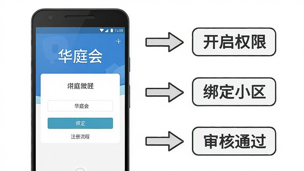 ��ͥ��Appʹ�ý̳�ʾ��ͼ������չʾһ����׿�ֻ�����Ļ����ʾ��ͥ��App��ע������̽��棬�ֻ��Ա��м�ͷָ�򡰿���Ȩ�ޡ�����С���������ͨ�������������ǩ������Ϊ���ҽṹ������ֻ��Ҳಽ��˵�������Ϊ���̳̲廭��ϸ�����ֻ���Ļ�С���ͥ�ᡱ���֣�����Ϊ��ɫ�����������ɾ����޶���Ԫ��
