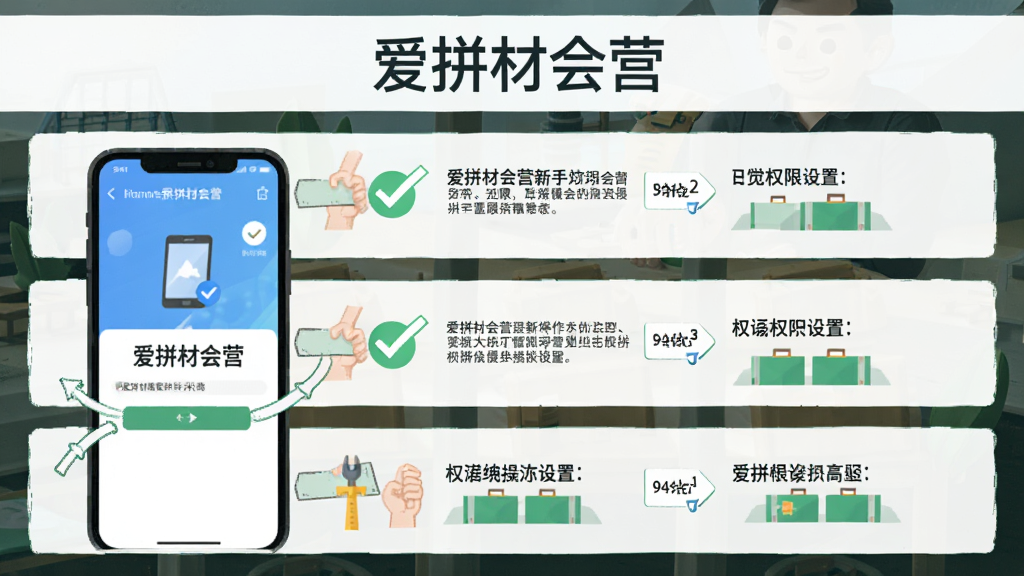 爱拼材会营新手操作指引图,画面为手机屏幕展示应用安装与权限设置步骤,布局采用上下分步式排版,风格为扁平化教程插画,细节包含勾选图标与箭头指引,画质清晰,文字“爱拼材会营”位于顶部,干净无杂乱元素
