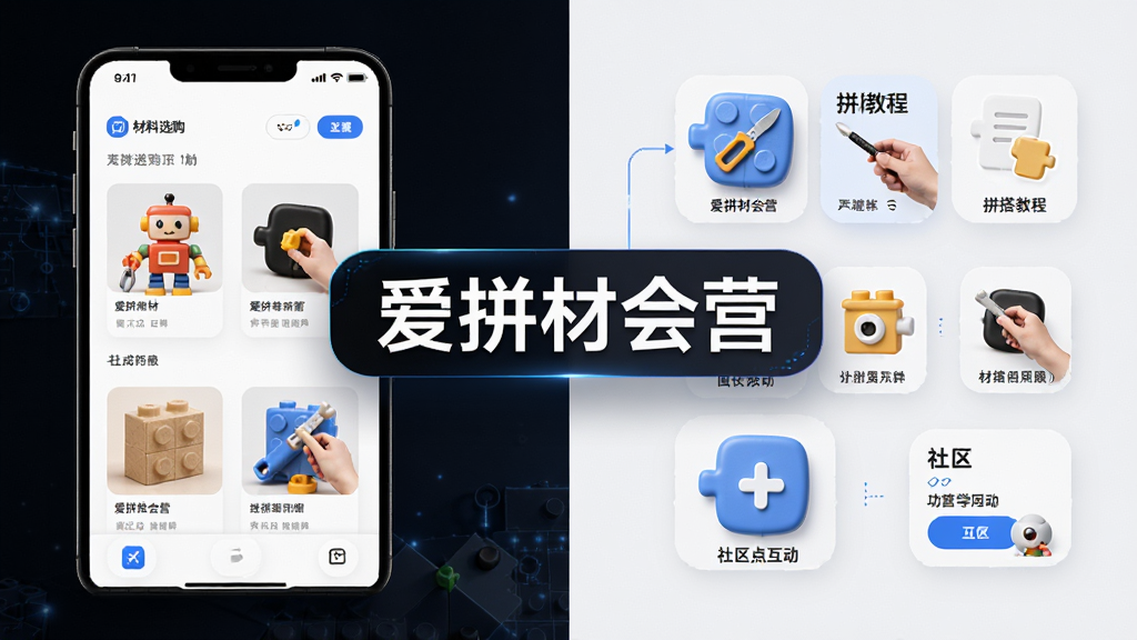 爱拼材会营功能特色展示图,画面左侧为材料选购界面截图样式,右侧为拼搭教程与社区互动图标组合,中部用“爱拼材会营”文字串联,布局采用左右分栏结构,风格为现代简约科技感,细节包含积木纹理与拼豆元素,画质高清,干净整洁,无多余装饰