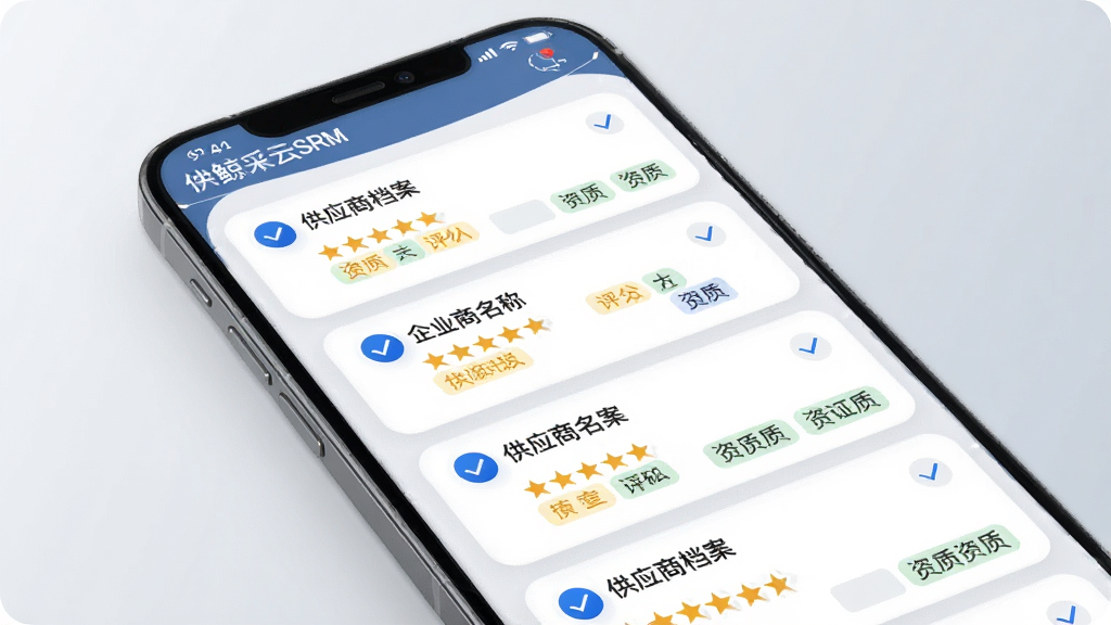 鲸采云SRM供应商管理功能界面,手机屏幕展示供应商档案卡片列表,每张卡片包含企业名称、评分星级与资质标签,背景为浅灰色渐变,风格简约商务,细节包含蓝色勾选图标与白色圆角卡片,画质清晰干净,无多余元素