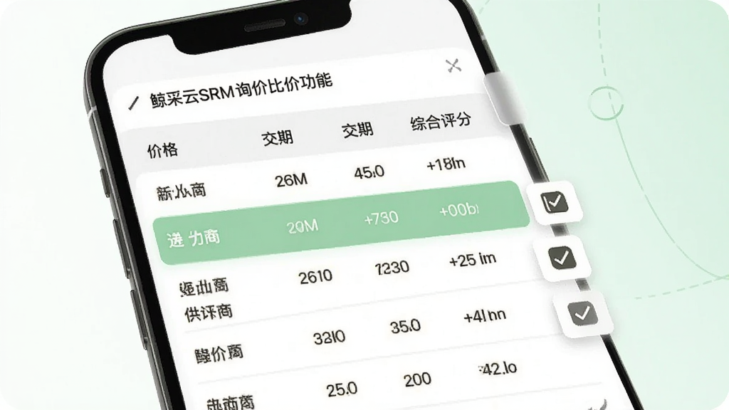 鲸采云SRM询价比价功能界面,手机屏幕展示多家供应商报价对比表格,包含价格、交期与综合评分列,背景为白色与浅绿色搭配,风格清新简洁,细节包含高亮选中的报价行与勾选按钮,画质清晰干净,无多余元素