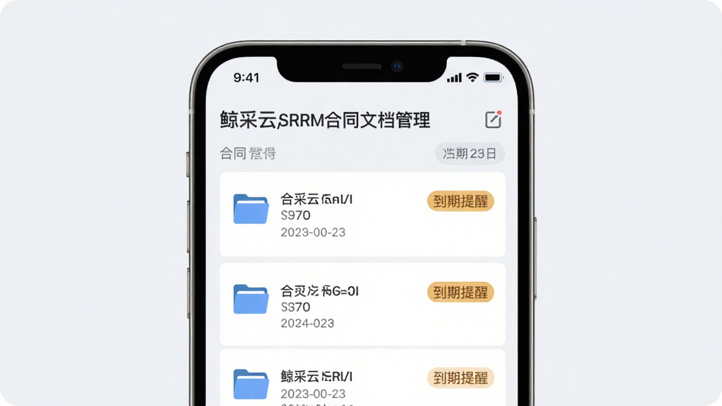 鲸采云SRM合同文档管理界面,手机屏幕展示合同文件列表与到期提醒标签,背景为浅灰白色,风格素雅极简,细节包含文件夹图标与日期标记,画质清晰干净,无多余元素