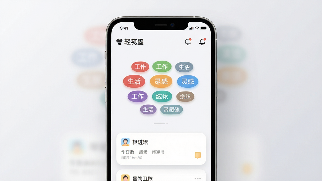���īӦ���ڵı�ǩ����������д�������������ֻ���Ļ����ʾ��ɫ��ǩ�ƺͱʼǿ�Ƭ����ǩ���������������е�����������Ϊ��͵�ǳ��ɫ���䣬���ֲ��þ��й�ͼ��������¼�Լ��ϸ����Բ�ǿ�Ƭ����ӯ��ͶӰ��������ͼ�꣬���ʸɾ����޶���Ԫ��