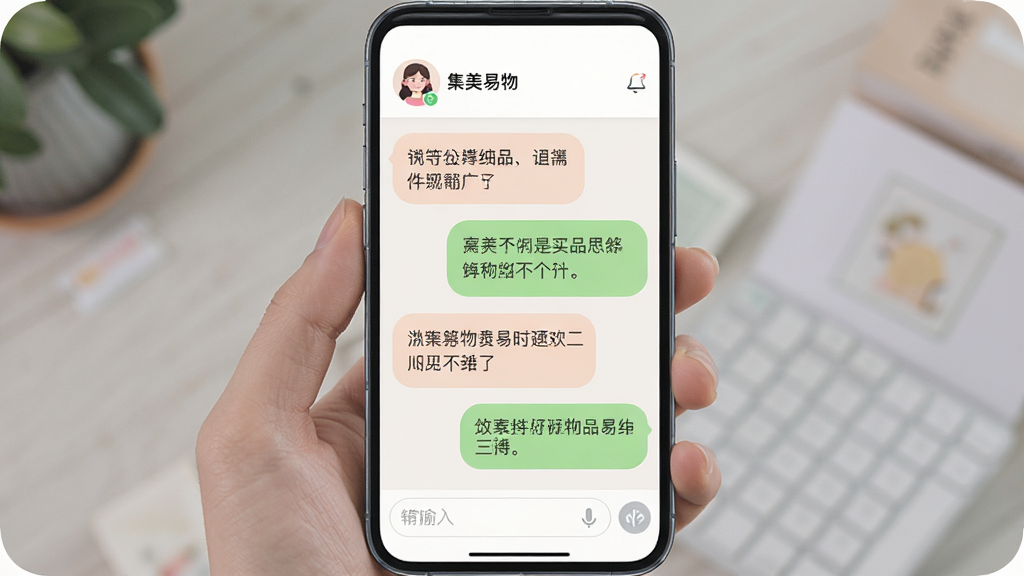 手机屏幕展示集美易物的聊天对话界面,左侧为买家提问气泡,右侧为卖家回复气泡,对话内容围绕一件闲置物品展开;界面顶部显示对方昵称与头像,底部为输入框;整体采用圆角卡片式设计,配色柔和,画面居中,细节清晰,画质干净,无多余元素。