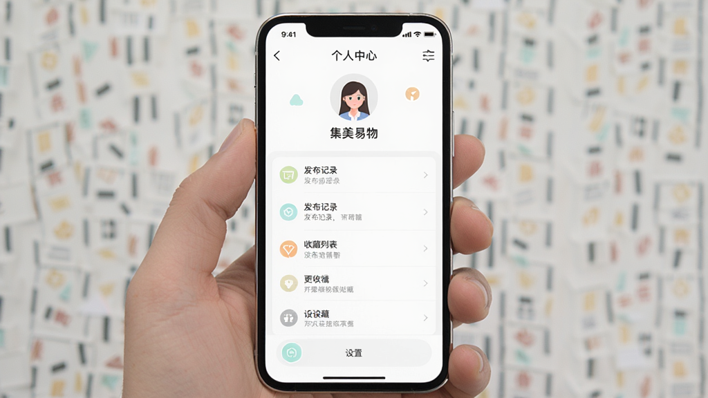 手机屏幕展示集美易物的个人中心页面,包含头像、昵称、发布记录、收藏列表和设置入口;页面采用纵向列表布局,图标简洁,配色以白底搭配浅色点缀;整体排版清晰,画面居中,细节干净,无多余元素。