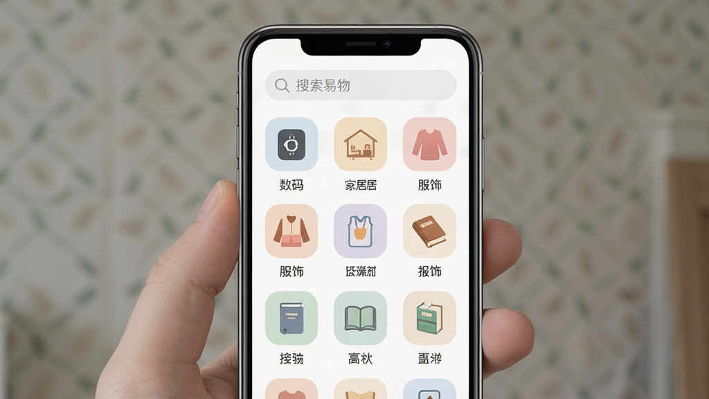 手机屏幕展示集美易物的分类浏览页面,顶部为搜索框,下方为网格状分类图标,包含数码、家居、服饰、图书等标签;背景为浅色,图标色彩统一柔和;整体排版整齐,画面居中,细节清晰,画质干净,无多余元素。