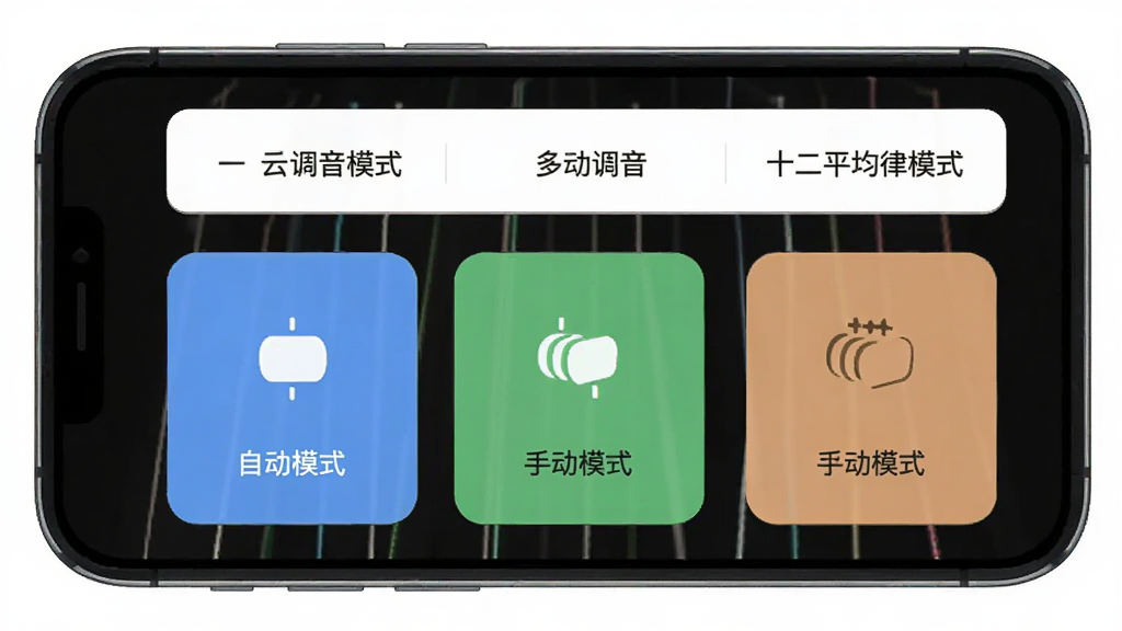 古筝调音器大师多模式调音切换功能示意图,主体为手机屏幕显示三种模式选项卡,布局为上下排列,排版清晰,风格为扁平化UI设计,细节包含自动模式、手动模式、十二平均律模式按钮与对应图标,画质清晰,干净,无多余元素