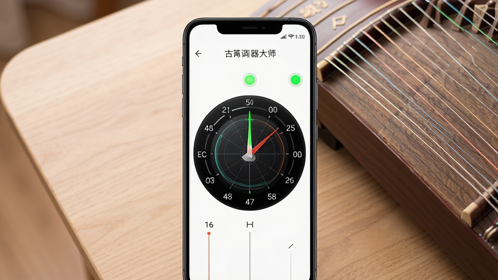 一张展示古筝调音器大师应用界面的手机屏幕截图,主体为一部竖屏安卓手机,屏幕中央显示古筝调音器大师的调音表盘与琴弦指示,背景为柔和木质纹理桌面,旁边摆放一台古筝的局部琴码与琴弦,布局采用居中构图,排版干净整洁,风格为写实产品展示风,细节包含调音指针、音名标识、绿色信号灯,画质清晰,干净,无多余元素
