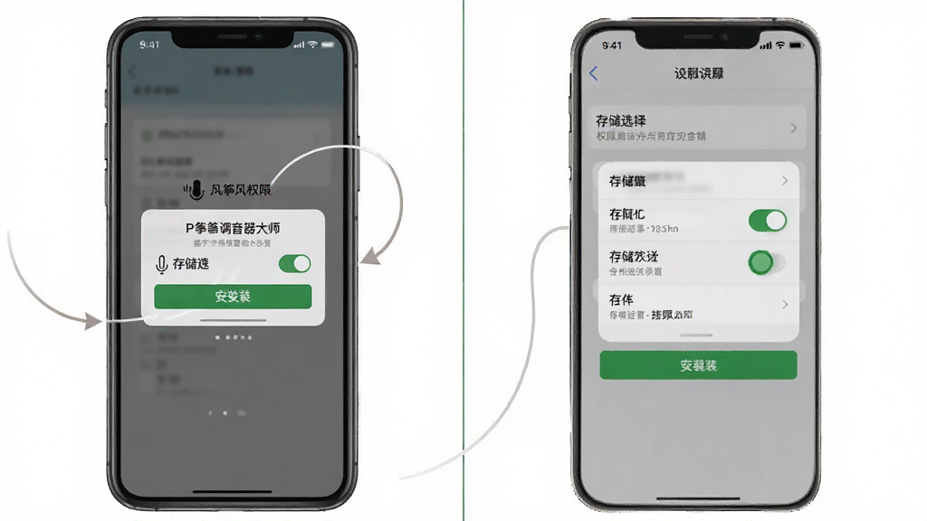 一张展示古筝调音器大师在手机端安装与权限设置流程的示意图,主体为手机屏幕显示权限弹窗与设置界面,布局为左右分栏,排版清晰,风格为教程图解风,细节包含麦克风权限开关、存储选择、安装按钮,画质清晰,干净,无多余元素