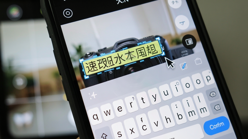 速改水印相机水印编辑界面,画面展示手机屏幕特写,屏幕中水印文字被高亮选中,旁边出现编辑光标和输入键盘,背景为虚化的相机取景画面,风格简洁明快,细节表现编辑框和确认按钮,画质清晰,干净,无多余元素