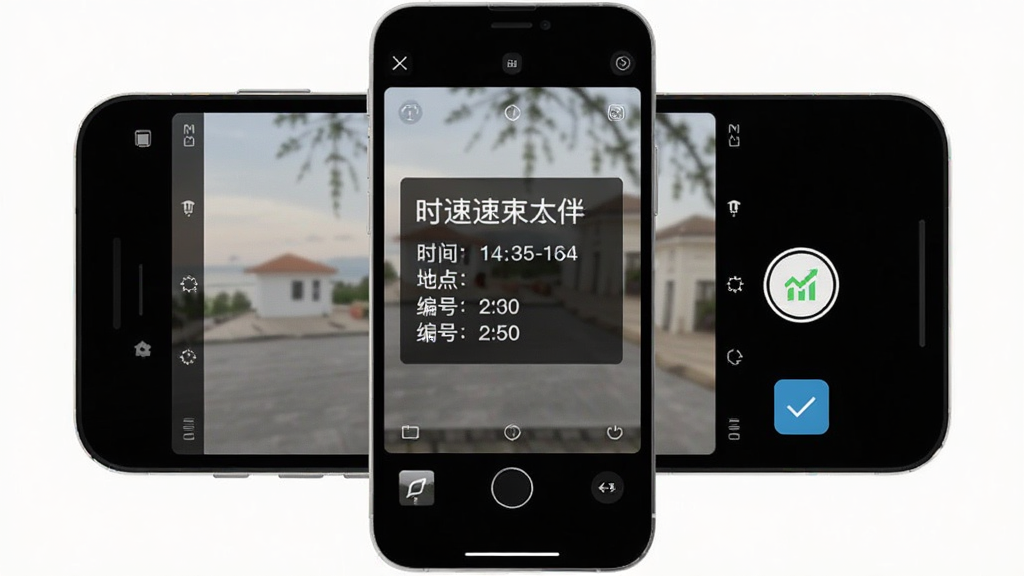 速改水印相机APP主界面截图,画面中央展示手机屏幕,屏幕内显示相机取景框和可编辑的水印文字区域,水印内容包含时间、地点、编号等字段,整体布局清晰,采用扁平化设计风格,细节上突出编辑按钮和确认按钮,画质清晰,干净,无多余元素