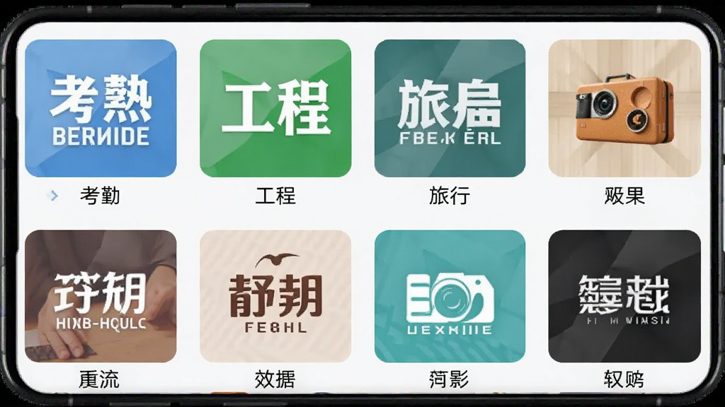 速改水印相机模板选择界面,画面展示手机屏幕中排列着多个水印模板缩略图,包括考勤、工程、旅行等不同风格,每个模板都有名称标签,布局为网格状,风格清新,细节上突出模板的多样性,画质清晰,干净,无多余元素