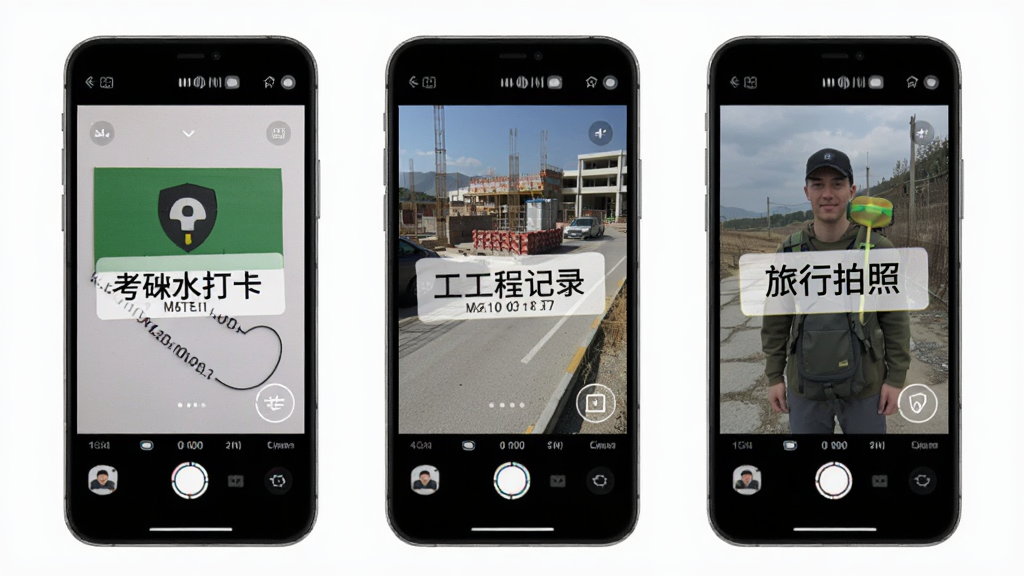 速改水印相机多场景使用示意图,画面展示三张并排的手机屏幕,分别显示考勤打卡、工程记录、旅行拍照三种场景下的水印效果,布局整齐,风格统一,细节上突出不同场景的水印内容差异,画质清晰,干净,无多余元素