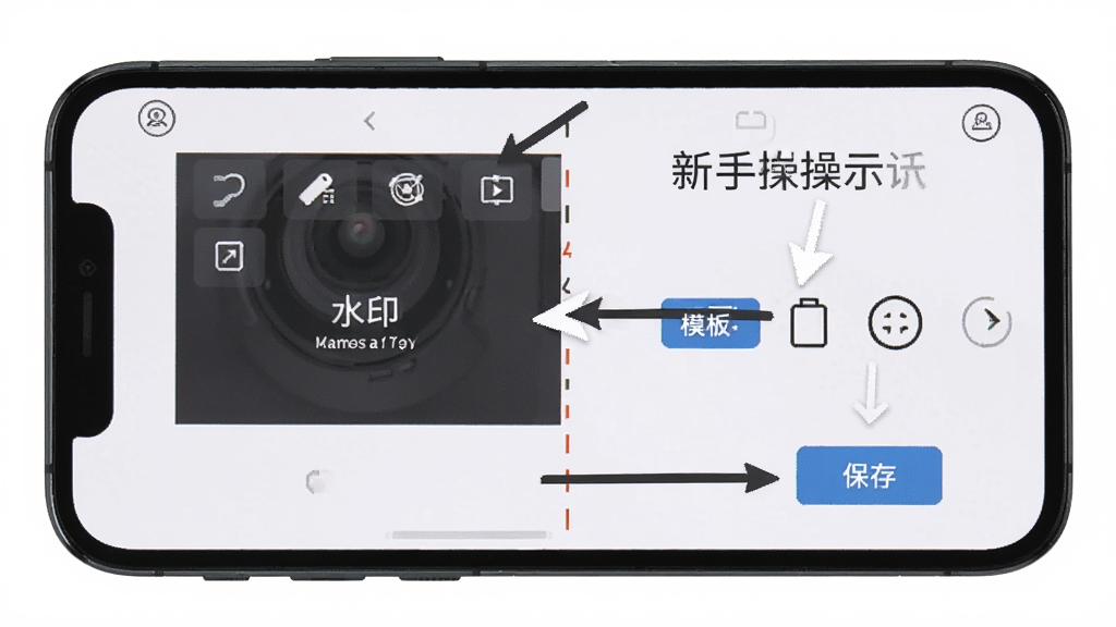 速改水印相机新手操作示意图,画面展示手机屏幕中标注了各个功能按钮的位置,包括水印编辑区、模板按钮、保存按钮,并用箭头和文字说明指引操作步骤,布局清晰,风格直观,细节上突出指引线,画质清晰,干净,无多余元素
