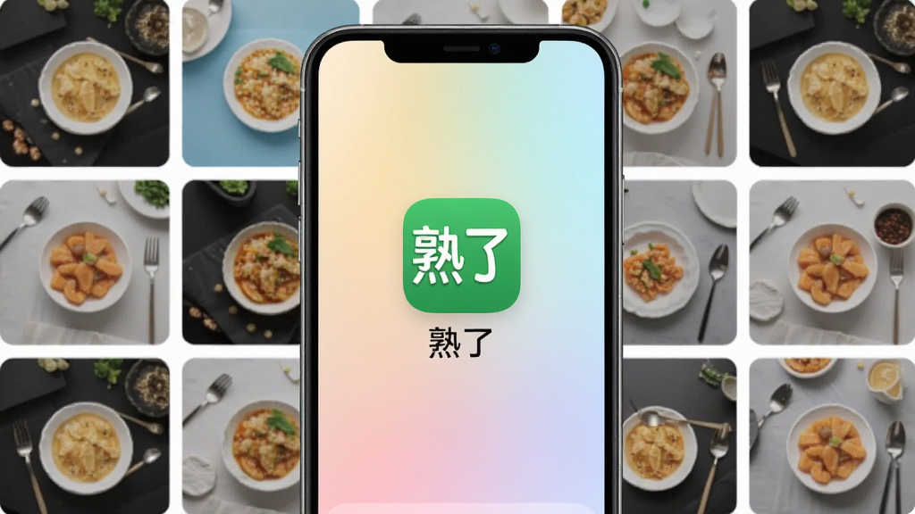 熟了软件主界面展示,手机屏幕中央显示熟了应用图标和名称,背景是柔和的浅色渐变,周围环绕着多张缩略图片组成网格布局,整体风格干净简洁,画质清晰,无多余元素