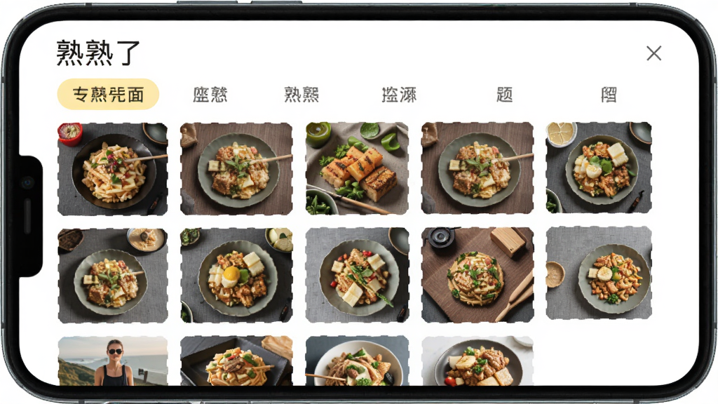 熟了应用内图片资源聚合界面,手机屏幕显示多个图片分类标签和缩略图网格,画面中有熟了字样,布局整齐,风格清爽,画质高清,干净无杂乱元素