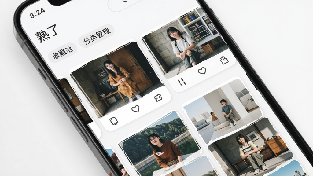熟了收藏夹与分类管理界面,手机屏幕展示多个自定义标签和已收藏图片缩略图,画面中有熟了字样,排版有序,风格简约,画质细腻,干净整洁