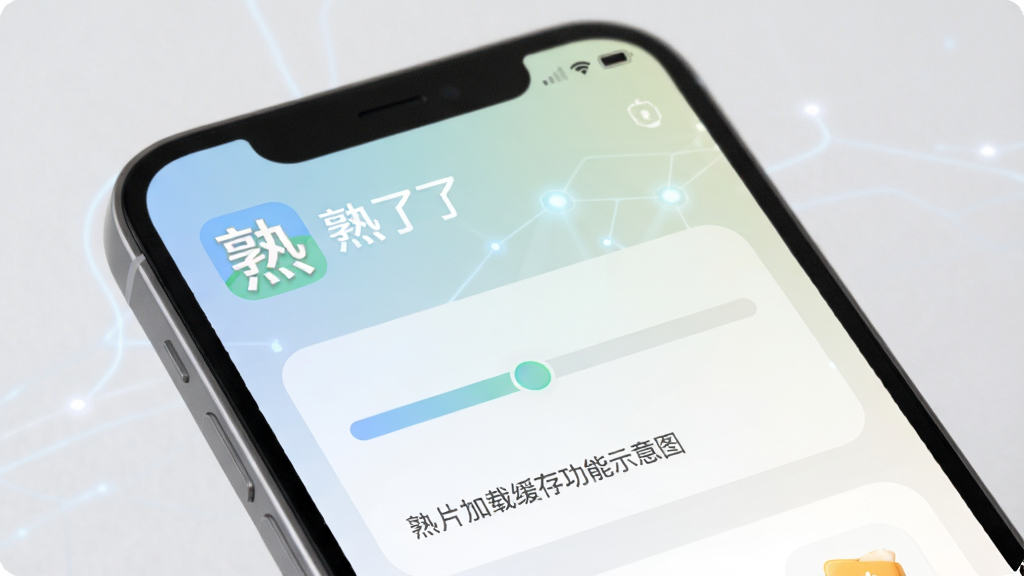 熟了图片加载缓存功能示意图,手机屏幕显示进度条和已缓存标记,画面中有熟了应用名称,配色柔和,风格科技感,细节清晰,画质优良,无多余装饰