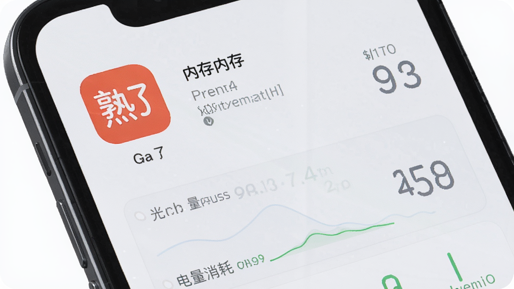 熟了应用资源占用展示图,手机屏幕显示内存和电量消耗数据面板,画面中有熟了应用图标,风格简洁商务,配色清淡,细节清晰,画质高,无多余元素