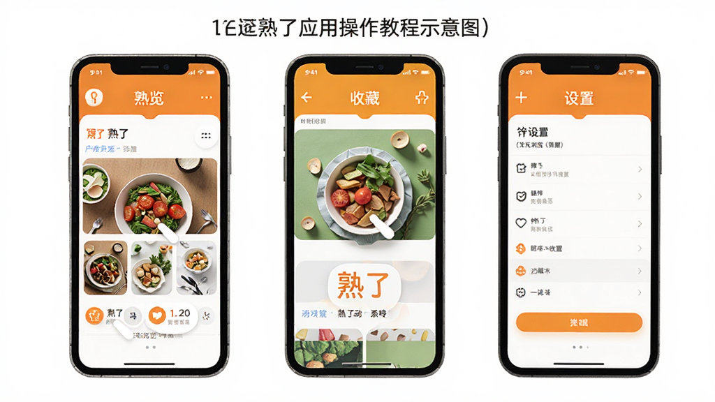 熟了应用操作教程示意图,手机屏幕展示滑动浏览、收藏、设置等操作步骤,画面中有熟了应用界面,风格扁平化,配色明快,细节清楚,画质高,干净无杂乱
