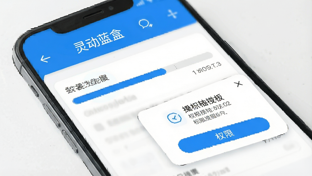 一张手机屏幕截图风格示意图,画面中显示安装进度条和权限授权弹窗,屏幕上方有“灵动蓝盒”文字标识,整体配色为蓝白相间,风格简洁明快,细节清晰,画质干净,无多余元素
