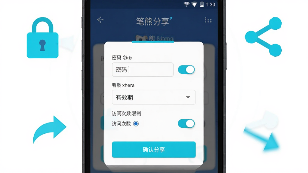 一款名为笔熊分享的安卓应用界面展示,画面主体为手机屏幕,屏幕中央显示一个文档分享设置面板,包含密码输入框、有效期下拉菜单和访问次数限制选项,周围环绕着锁形图标和分享箭头符号,布局为居中对齐的卡片式设计,风格为现代扁平化科技感,色调以深蓝和亮青色为主,细节包括开关按钮和确认分享按钮,画质高清,干净,无多余元素