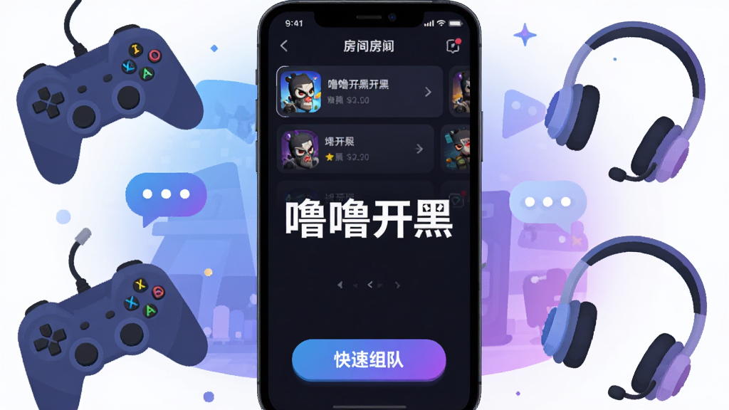 手机屏幕中央显示“噜噜开黑”应用主界面,界面为深色游戏风格,顶部有房间列表卡片,底部有“快速组队”按钮,周围环绕游戏手柄、耳机、聊天气泡等元素,整体采用扁平化插画风格,主体突出,布局居中对称,色调以蓝紫渐变为主,细节干净无杂乱文字,画质清晰,适合作为软件下载站头图