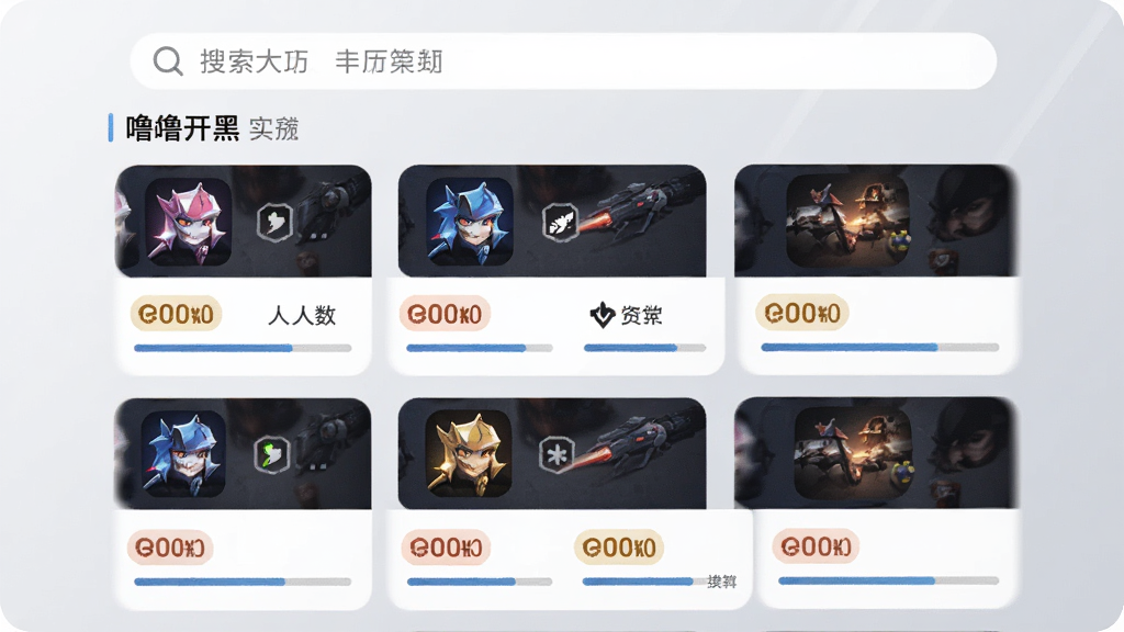手机界面展示“噜噜开黑”车队大厅列表,每个房间卡片上有游戏图标、段位标签、人数进度条,卡片整齐排列,背景为浅灰渐变,顶部搜索栏清晰可见,整体风格清爽,布局规整,画质干净,适合展示软件功能界面