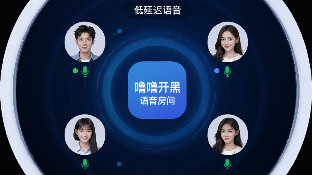 一个圆形语音房间界面,中央显示“噜噜开黑”语音房间图标,周围有六个玩家头像环绕,头像下方有麦克风状态标识,背景为深蓝色科技感光晕,顶部标注“低延迟语音”,整体风格简洁现代,布局对称,画质干净,无多余装饰元素