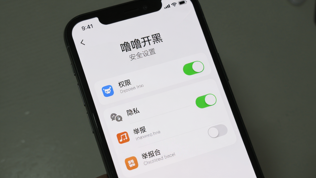 手机屏幕显示“噜噜开黑”安全设置界面,包含权限开关、隐私选项、举报入口等列表项,界面为浅色主题,图标简洁,布局清晰,背景干净无杂乱元素,画质清晰,适合展示软件安全相关功能