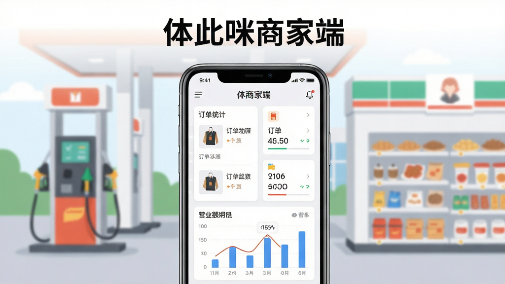 画面中央放置一部智能手机,屏幕显示“体此咪商家端”应用界面,界面中包含商品列表、订单统计和营业额图表。背景为简洁的加油站场景,有加油机和便利店货架。整体布局采用居中构图,上方留白用于标题文字。风格为现代扁平化科技风,细节包括清晰的图标和数字卡片。画质高清,干净整洁,无多余元素。