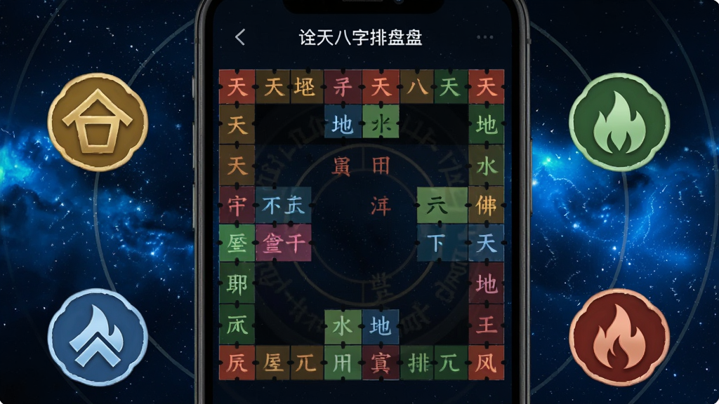 一张展示诠天八字排盘功能的特写图,画面中手机屏幕显示着详细的八字排盘表格,天干地支用不同颜色高亮显示,周围环绕着金木水火土的五行图标,背景是深蓝色的星空,风格科技感与传统文化结合,画质细腻,干净无杂物