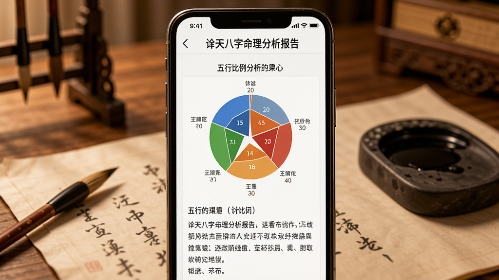 一张展示诠天八字命理分析报告的手机截图,画面中手机屏幕显示着图文并茂的分析结果,包含五行比例圆饼图和文字解读,背景是温暖的书房环境,有笔墨纸砚点缀,风格温馨雅致,画质清晰,无杂乱元素