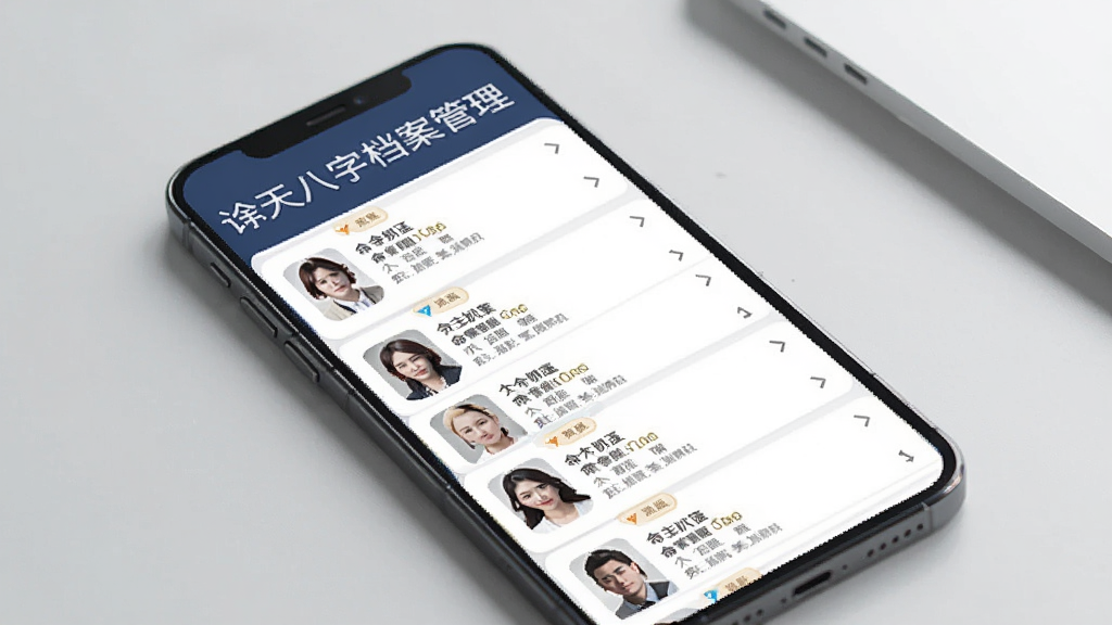 一张展示诠天八字档案管理界面的手机图,画面中手机屏幕显示着多个命主档案列表,每个档案带有头像和简要信息,背景是干净的浅灰色桌面,风格简约商务,画质清晰,无多余装饰