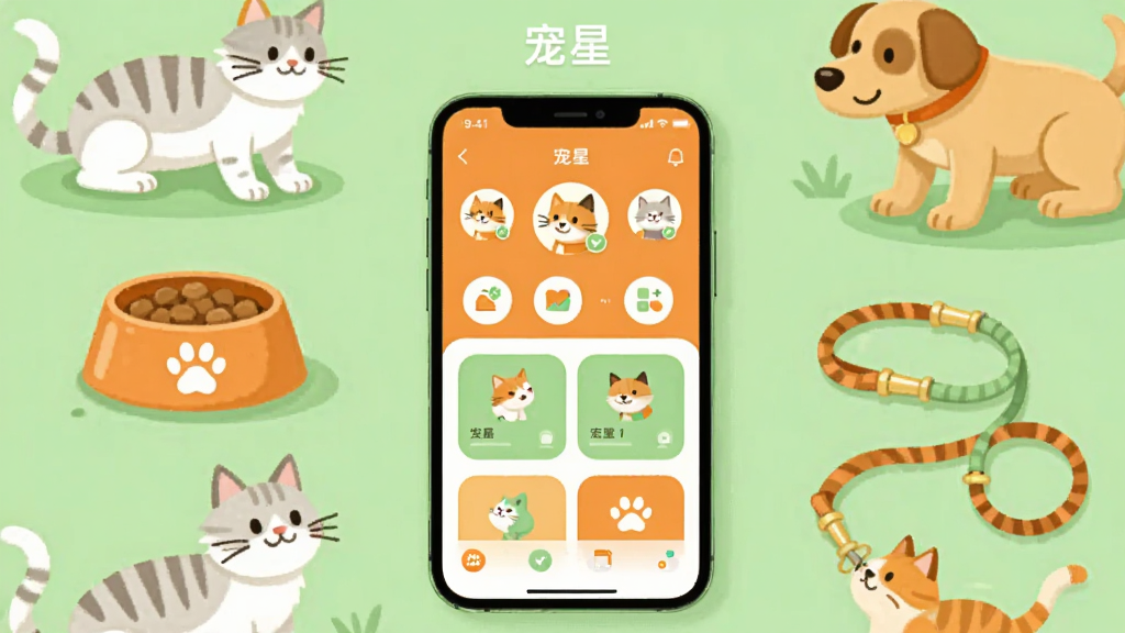 画面中央放置一部智能手机,手机屏幕中显示宠星APP的主界面,界面上有宠物头像、功能图标和卡片式布局,手机周围环绕着猫咪、小狗、宠物食盆、牵引绳等元素,整体采用扁平化插画风格,色调以暖橙和浅绿为主,布局居中对称,画面干净整洁,文字标注“宠星”位于顶部,高清画质,无多余装饰元素
