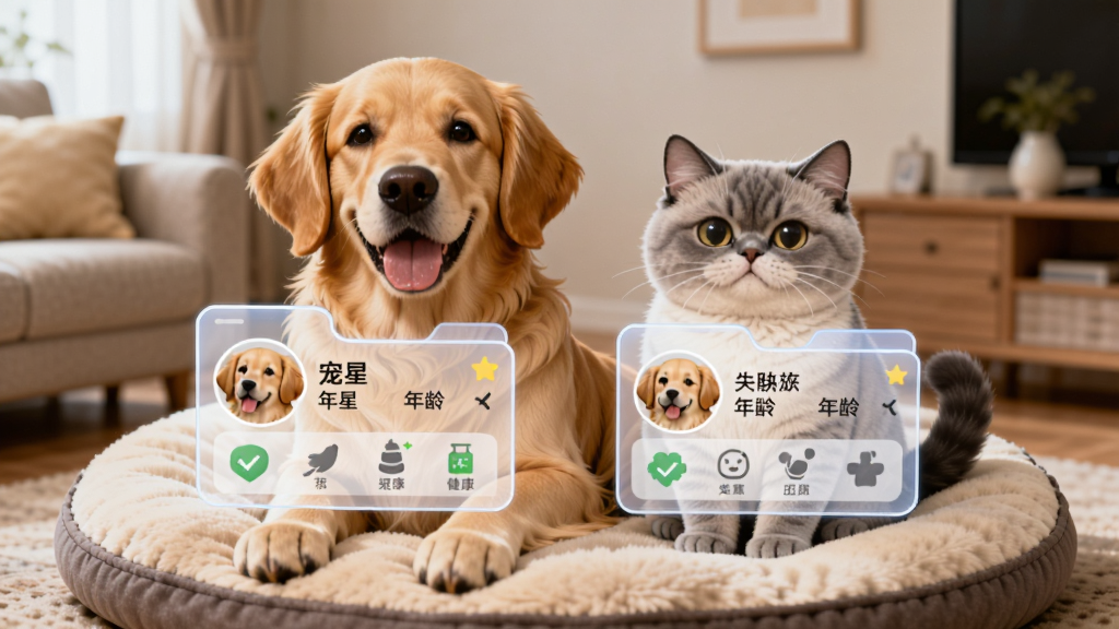 画面展示一只金毛犬和一只英短猫并排坐在柔软的宠物垫上,它们面前悬浮着半透明的数字档案卡片,卡片上显示宠物头像、名字、年龄和健康记录图标,背景是温馨的居家客厅环境,光线柔和,风格为治愈系数字插画,画面中融入“宠星”文字标识,高清画质,构图干净,无杂乱元素