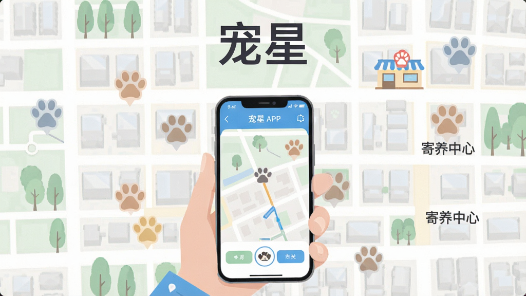 画面以城市街区地图为背景,地图上标注多个宠物爪印图标代表宠物医院、宠物店和寄养中心,前景有一只手拿着手机查看地图界面,手机屏幕显示宠星APP的服务导航页面,整体风格为现代扁平化插画,色调清新明亮,画面中央上方标注“宠星”文字,高清画质,布局简洁,无多余元素