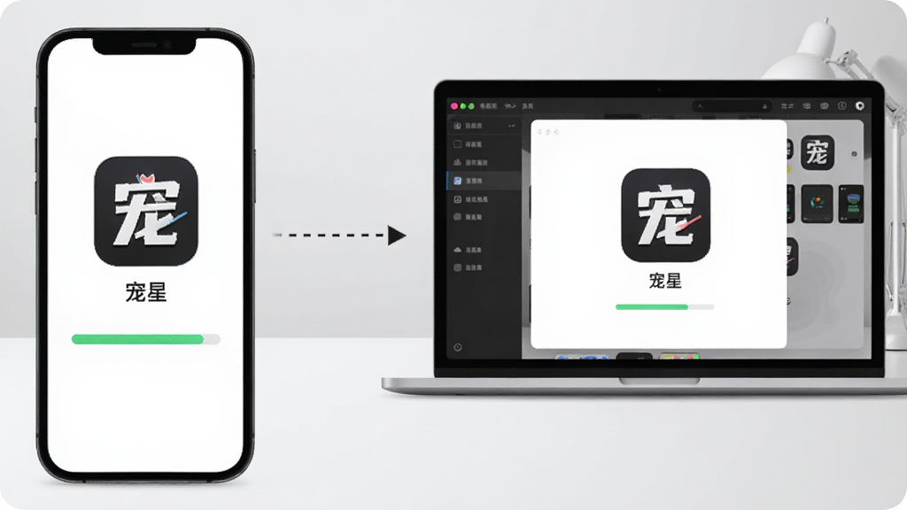 画面左侧展示一部手机正在安装宠星APP,屏幕上显示安装进度条和“宠星”图标,右侧展示一台笔记本电脑通过模拟器运行同一款应用的界面,中间用虚线箭头连接表示跨设备使用,背景为简洁的浅灰色工作室环境,风格为科技感扁平插画,画面干净整洁,高清画质,无多余元素