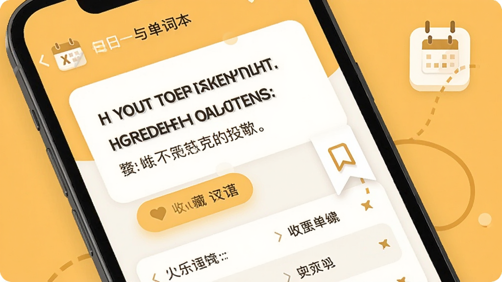 һ��չʾ���ֿ���ÿ��һ���뵥�ʱ����ܵ�ͼƬ����������Ϊ�ֻ���Ļ����Ļ����ʾһ��Ӣ�ĺ����ķ��룬�·����ղذ�ť�͵����б�������Ϊů��ɫ�������ֲ��ÿ�Ƭʽ��ƣ������ܰ��࣬ϸ������������ͼ�����ǩԪ�أ����ʸ��壬�ɾ����޶���Ԫ��