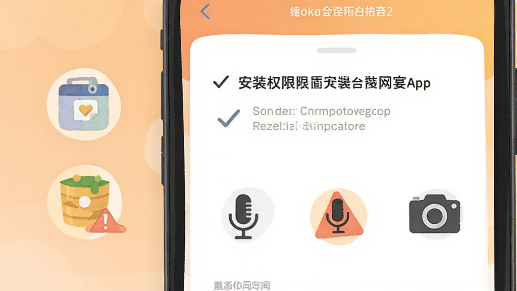 手机屏幕显示网宴App的安装权限设置界面,旁边有存储空间图标、麦克风图标和相机图标,背景为浅橙色渐变,风格为科普提示插画,细节包括打勾标记和警示符号,画质清晰干净,无多余元素