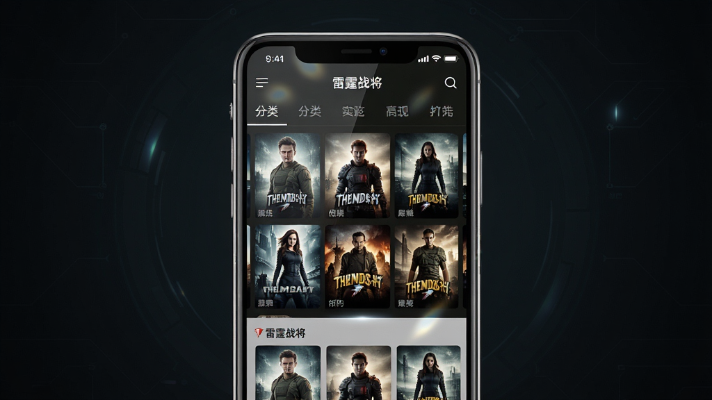 一张展示雷霆战将应用界面的手机预览图,主体为一部智能手机,屏幕中显示雷霆战将APP的首页界面,包含影视海报墙和分类导航栏,布局为居中放置手机,背景为深色渐变,风格为科技军事风,细节包括手机边框高光和屏幕内剧集封面的光影反射,画质为高清4K,画面干净,无多余元素